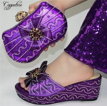 

Pretty Purple African Party Lady Wedge Heel Slipper Shoes With Handbag Set With Stones 88-19 Heel Height 7.5CM