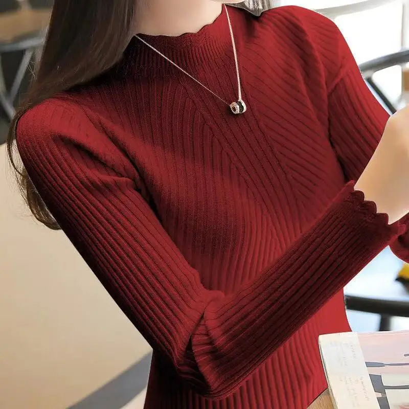 Бархатный плотный свитер с высоким воротом и рюшами, кружевной женский свитер, Высокоэластичный однотонный осенне-зимний модный свитер, женские вязаные пуловеры - Цвет: Wine red