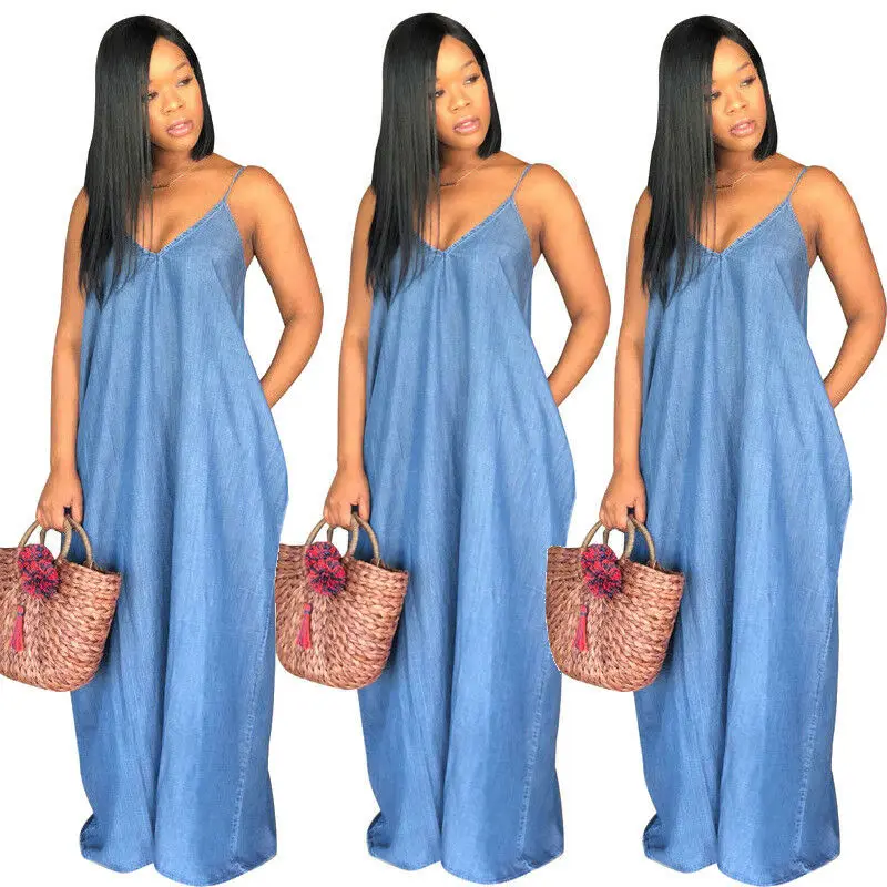 Женское летнее длинное джинсовое платье макси на бретелях-спагетти | Женская