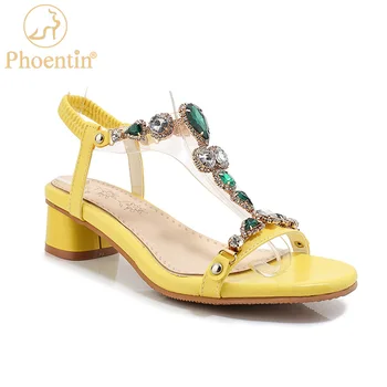 

Phoentin T strip summer shoes for women crystal retro sandals PVC woman narrow bands yellow medium heeled shoe large size FT924