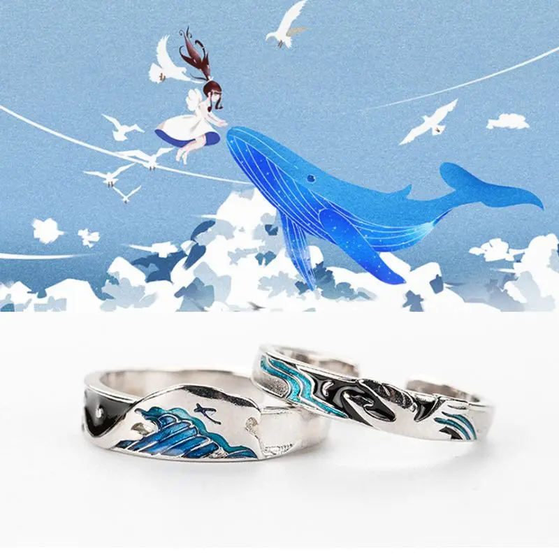

2Pcs Flying Birds and Deep Fish Distand Lover Rings Set Kiss Miss Deep Love Couple Rings Valentine's Day Jewelry Gift