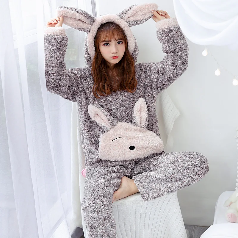 

Winter WOMEN'S Pajamas Hooded Cationic Japanese Korean Two-Piece Set Flannel Thick plus Velvet Warm Homewear Set