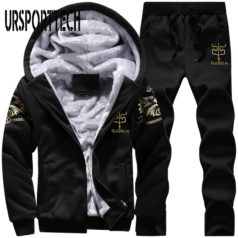 90% OFF URSPORTTECH Tracksuit Men Fleece Thick Hooded Casual Track Suit Men Jacket+Pant Two Piece Set Warm Fur Inside Winter Sweatshirt