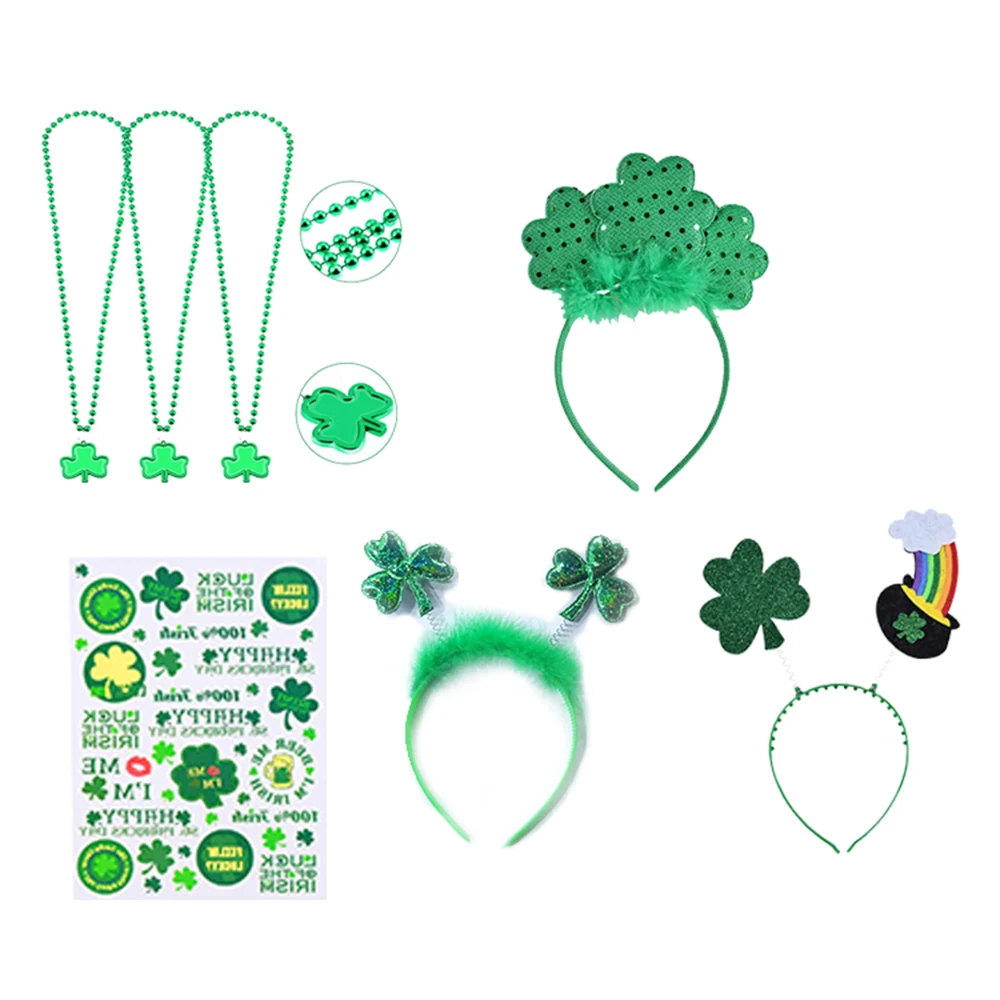 Новинка, лидер продаж, ирландский праздничный комплект, ожерелье с клевером+ пряжка на голову+ наклейка, комплект для Дня Святого Патрика, идеально подходит для школьного случая