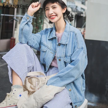 

Casual Denim Jackets Women Plus Szie Single Breasted Turndown Collar Loose Jeans Coat Female Autumn Spring Simple Denim Outwears