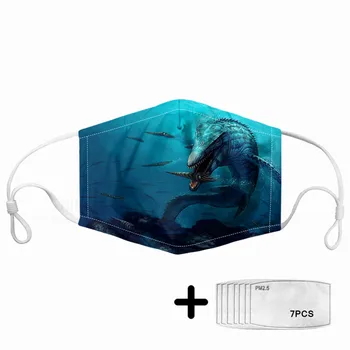 

New Adults Dustproof 3D Masks Cool Mosasaurus Printting Face Mouth Mask 7pcs PM2.5 Activated Carbon Filter Elestic Kids Maske