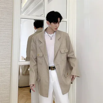 

Vintage Casual Loose Suit Men Spring Autumn Blazer Jacket Overcoat Male Bright Silk Champagne Suit Coat Outerwear B75