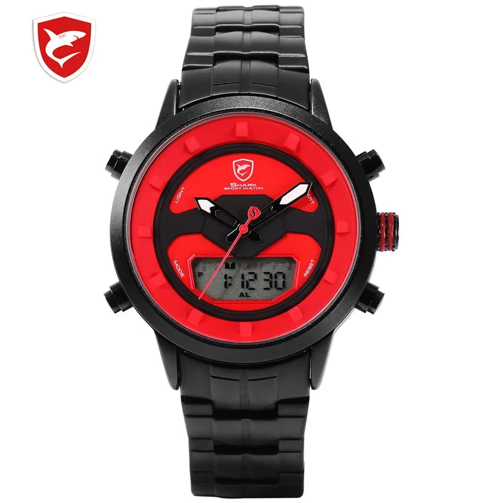 

Requiem Shark Sport Watch Red Dashboard LCD Digital Backlight Date Alarm Stopwatch Quartz Stainless Steel Band Man Watches/SH552