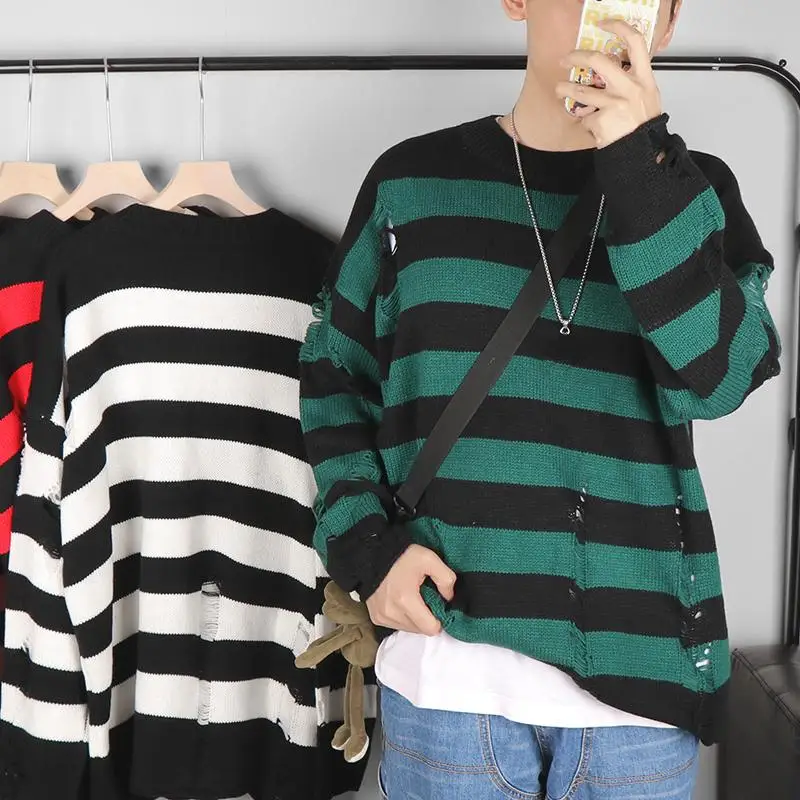 Black Stripe Sweaters Destroyed Ripped Sweater Men Pullover Hole Knit Jumpers Men Oversized Sweatshirt Harajuku Long Sleeve Tops 6