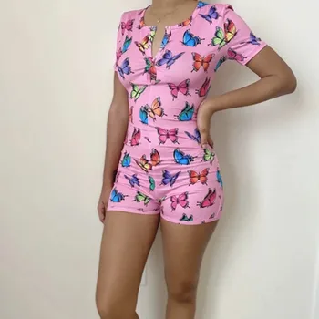 

Women Sexy V-Neck Short Sleeve Bodycon Bodysuit Womens Casual Printed Button Sleepwear Jumpsuit Print Bodycon Sleepwear Jumpsuit