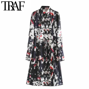 

TRAF Women Vintage Elegant Bow Tie Sashes Print Midi Shirt Dress Lapel Collar Long Sleeve Female Dresses Chic Vestidos