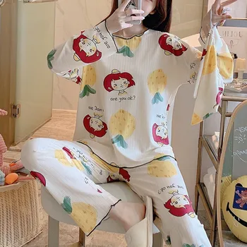 

2020 Ladies Round Neck Casual Long-sleeved Pajamas 2 Piece Suit Home Service