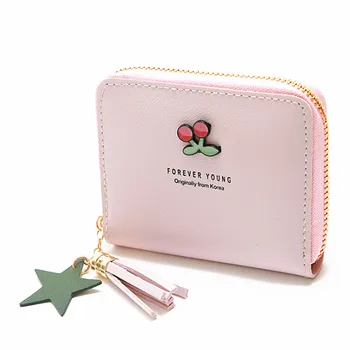 

Women Clutch Zipper Pendant Cherry Wallet Tassel Faux Leather Wallets Lady Pouch Bag PU Coin Card Package Purses