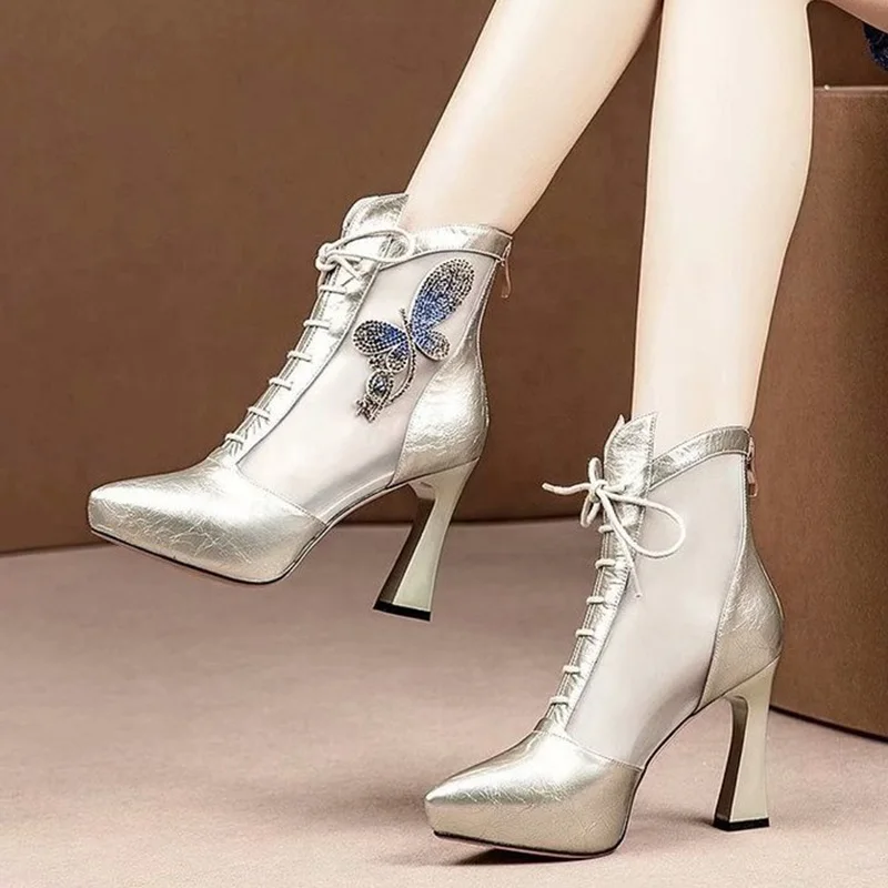 

2019 Women Fashion Mesh Boot Sandals Woman Lace-up Breathable Pumps High Heels with Pointed Toe Boots for Party Elegant WXG723