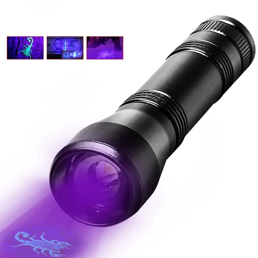 

UV Flashlight LED 395nm torch Lamp Purple Violet Ultraviolet ray 5Mode Zoom Light for Detect cash,Prayer Beads by 18650 Battery