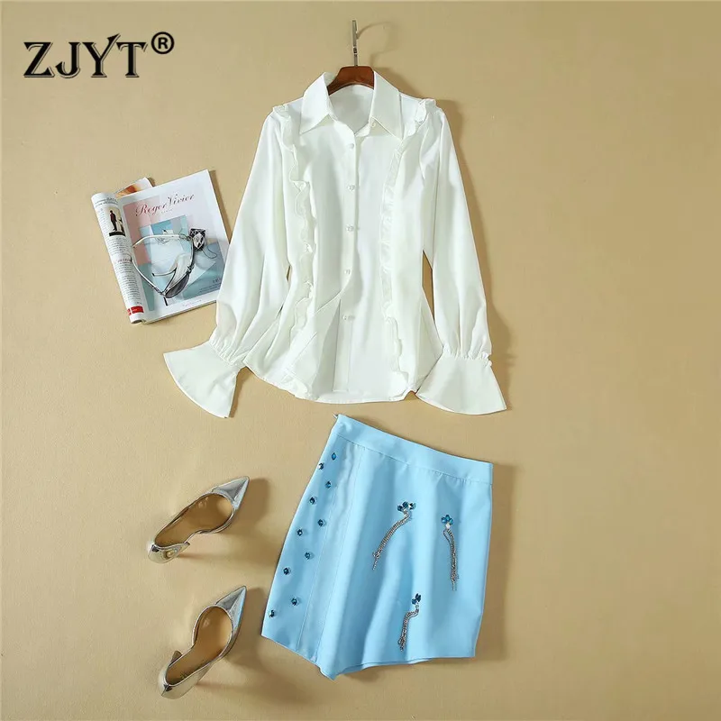 

2019 New Fashion Autumn Women's Runway Set Elegant Flare Sleeve Ruffle White Blouse and Diamonds Beading Mini Skirt 2 Piece Set