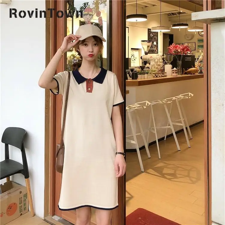 Летнее платье-поло с отложным воротником свободное Повседневное платье коротким