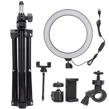 

10in LED Ring Light Dimmable USB Port Photography Lamp with Phone Clip Foldable Tripod 3 Lighting Colors