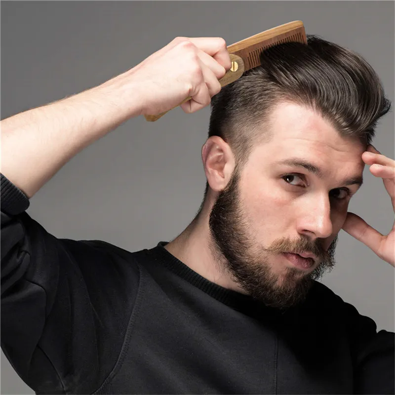Men\'s Wooden Brush Comb Natural Sandalwood Fine Tooth Folding Hair Beard Portable Mustache Styling Tools Pocket Comb Waves Brush