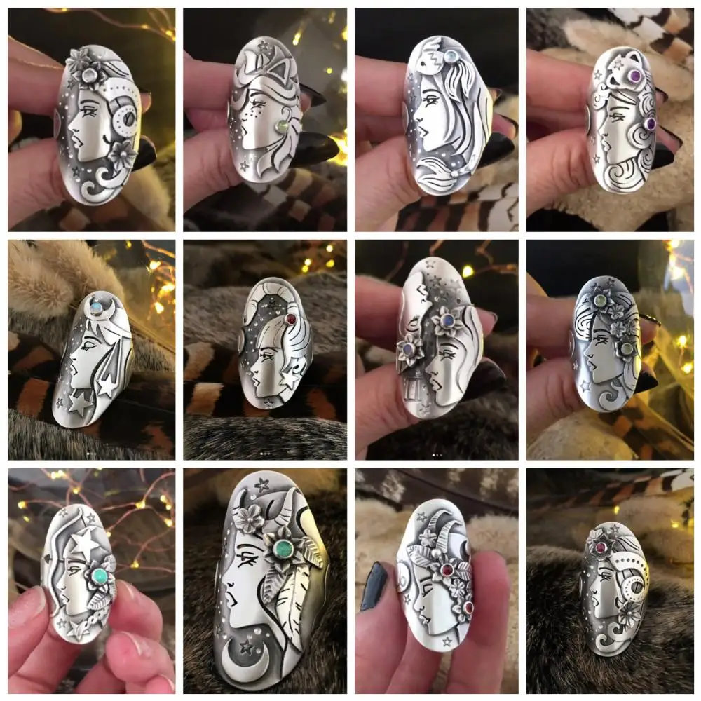 

12 Constellation Pattern Retro Woman Head Star Moon Ring Women's Ring Fashion Crystal Inlaid Accessories Party Jewelry Size 5-11