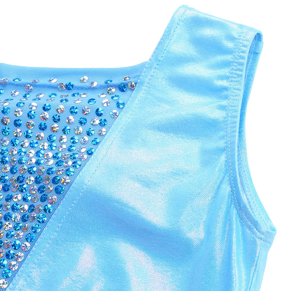 BAOHULU New 3-12 Years Girl Sleeveless Gymnastics Leotard Light Blue Fancy Sequin Ballet Leotard for Kids Ballet Dance Girl