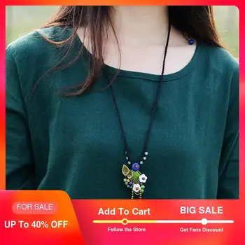 

Ethnic long Necklace for Women green turkey stone Copper Shell Flower red carnelian Pendant rope chian Vintage Jewelry 2017