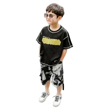 

2020 summer new boy short-sleeved suit, big boy Korean children's clothing, children's ribbon two-piece set