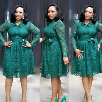

Long Sleeve Office Lace Dress 2020 Autumn Single Breasted Fashion Bow Elegant Hollow Out Tunic Party Green Dress African Clothes