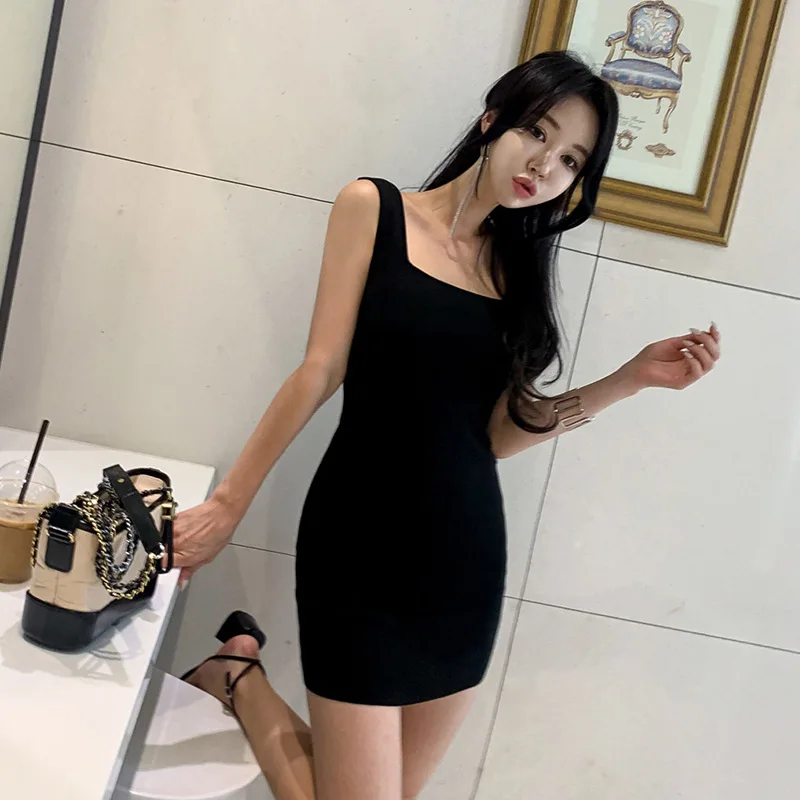 

WOMEN'S Dress 2019 Summer Korean-style Elegant Square Collar Low-Cut Backless Elasticity Knitted Vest Base Dress