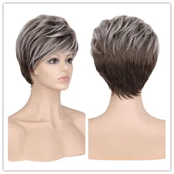 SuQ Classical Short Curly Wig Hair Synthetic Natural For Women Highlight Wigs With Pixie Cut Brown Heat Resistant Daily Wigs