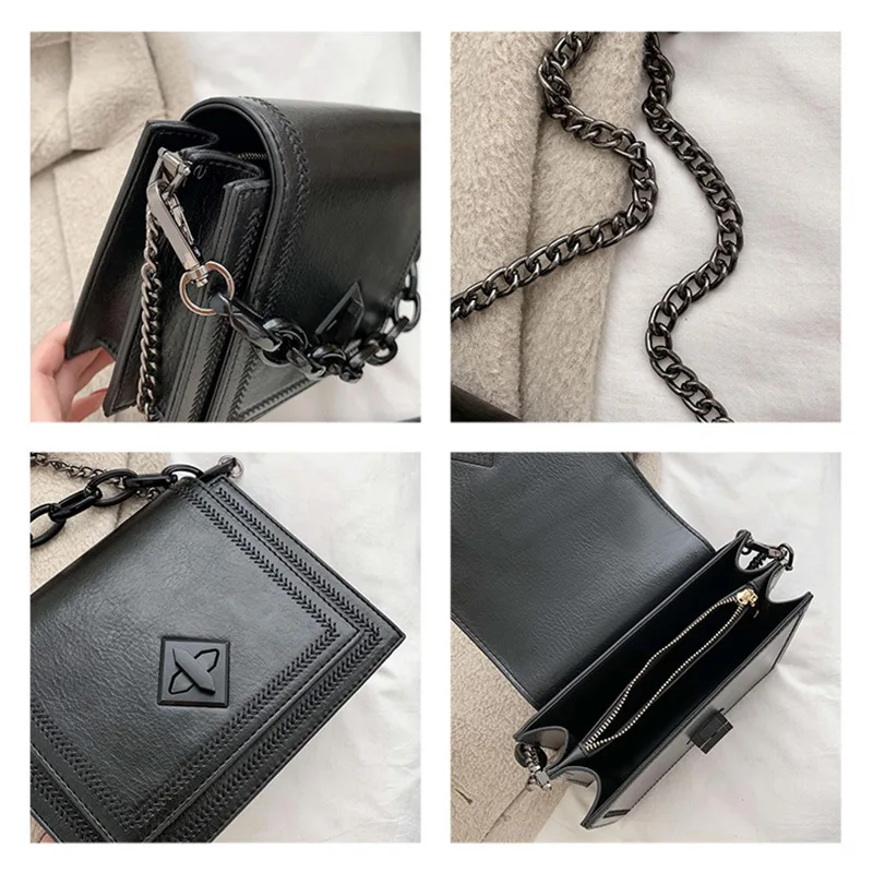 

2020 Spring New Style WOMEN'S Bag Korean-style Lock Trapezoid Square Sling Bag Black And White with Pattern Bag with Chain Shoul