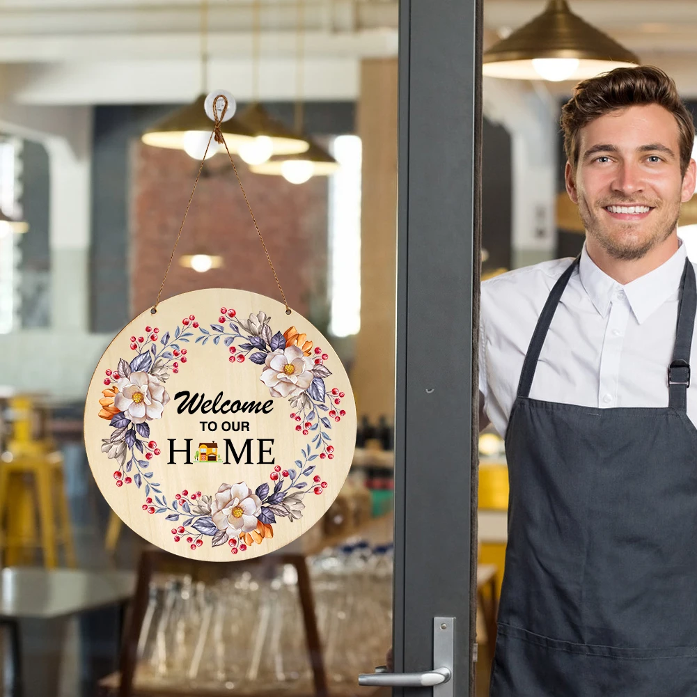 2021 Wooden Welcome Sign House Number European Retro Pendant Easily Round Door Hanging Double-sided Garden Plaque Home Art Decor