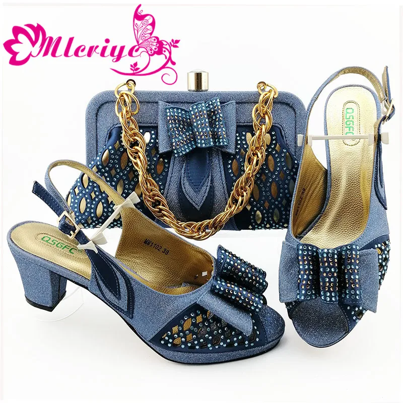 

Latest Blue Color Italian Shoes with Matching Bags Set Decorated with Rhinestone Matching Bag Set African Luxury Women Shoes