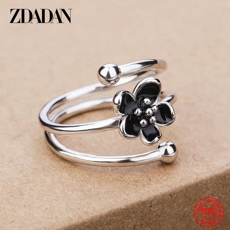 Silver Rings Silver Ring Wedding Rings Rose Flower Ring Metal Flower Ring ZDADAN 925 Sterling Silver Black Flower Adjustable Rings For Women Fashion Charm Gift Wedding Jewelry