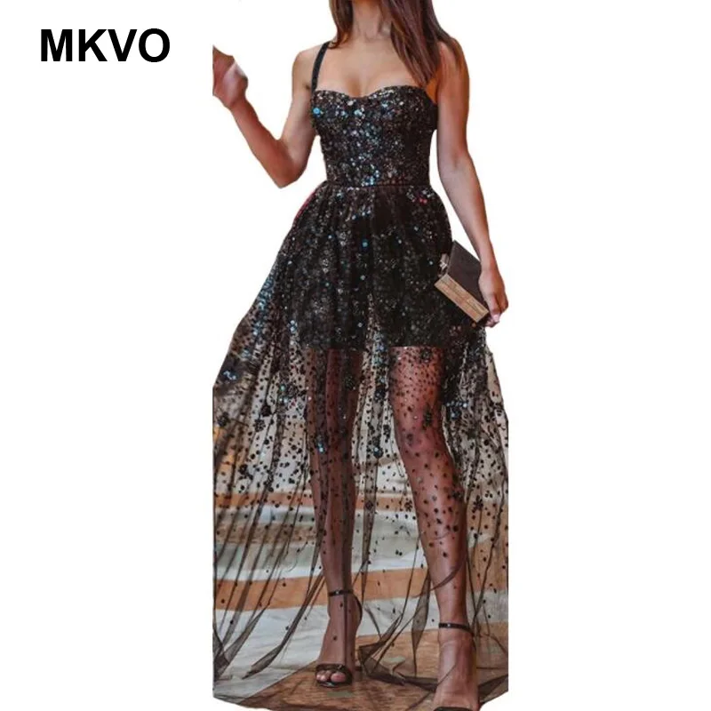 Billig Hohe taille mesh lange kleid farbe pailletten mode spaghetti gurt kleider urlaub partei schwarz rosa elegante maxi kleid vestidos