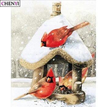 

CHENYI 5D DIY Diamond Painting Snow House Full Square Diamond Embroidery Cross Stitch Mosaic Picture Bird Christmas Decoration