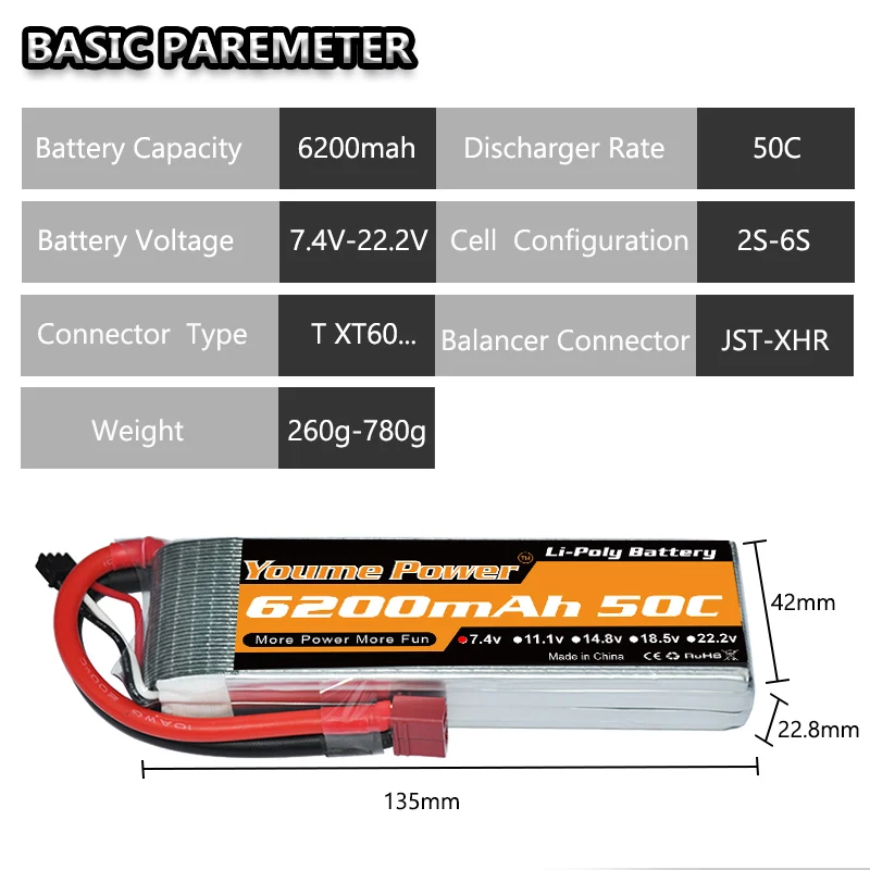 YOUME 2S 3S Lipo 7,4 V 11,1 V 6200mah 4S 14,8 V 6S 22,2 V XT60 XT90 батарея 50C 18,5 V 5S для RC частей 1/8 1/10 автомобилей Лодка вертолет