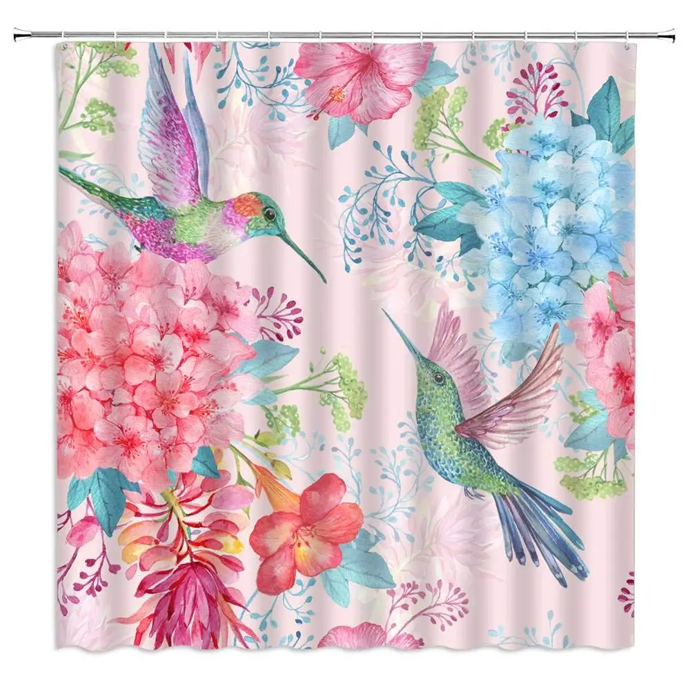 

Hummingbird Shower Curtain Creative Watercolor Hummingbird Pink Blue Colorful Spring Flower Plant Wisteria Herbs Garden Nature