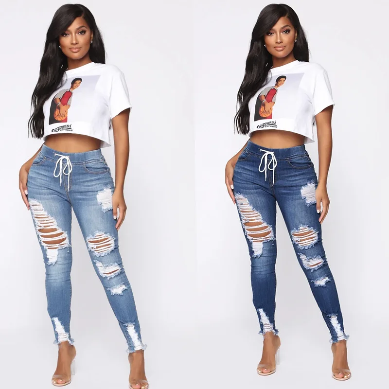 

3Y Cross Border Europe And America Spring Elastic Waist Jeans Women High Waist Hole Slim Fit Small Leg Tie Pants