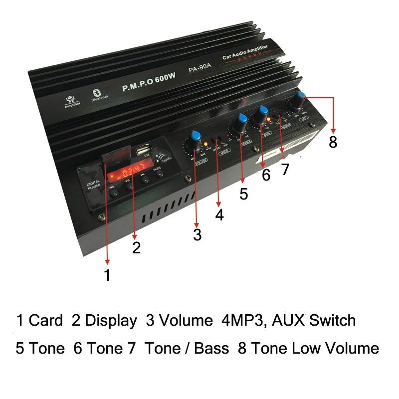 12V 600W Pa-90A 2-канальный Bluetooth автомобильный усилитель сабвуфера с Usb/Sd/Fm Дисплей Функция
