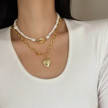 

AENSOA 2020 Korean Fashion Classic Thick Chain Necklace Punk Metal Gold Color Heart Pendant Necklace For Men Women Men Jewelry