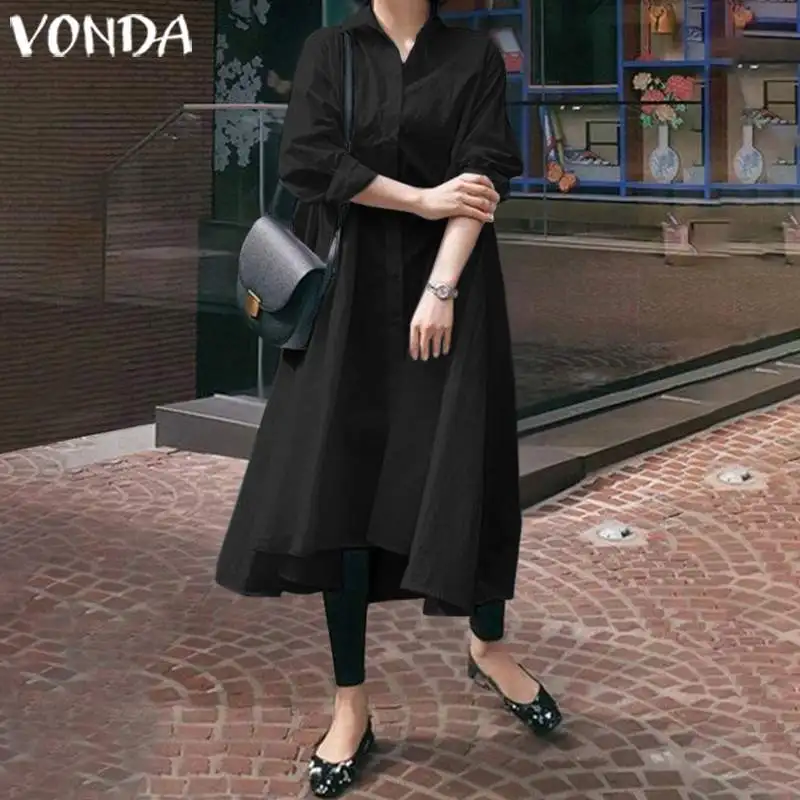 VONDA однотонное платье для беременных повседневное свободное асимметричное платье-рубашка с отложным воротником женские сексуальные вечерние платья 5XL