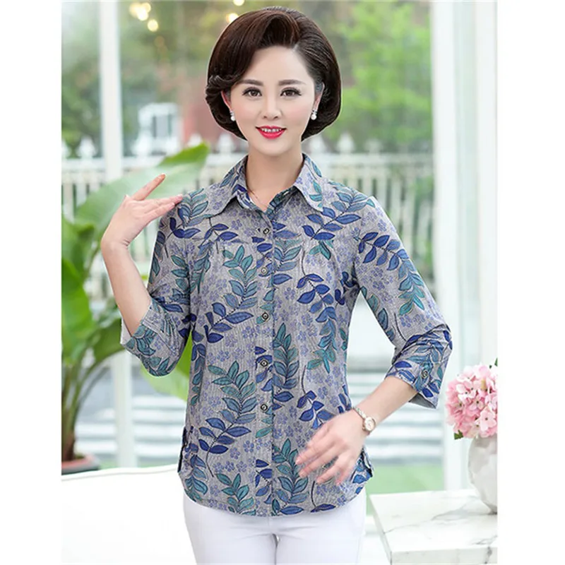 Блузка с принтом женская повседневная Летняя для женщин средних лет Свободная рубашка Blusa Feminina топы и блузки Кардиган Mujer плюс размер 5XL 1116 - Цвет: Blue