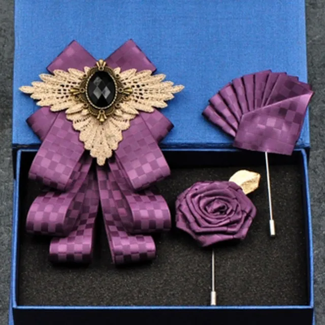 British New Fashion Men's Wedding Performance Groom Wedding-Party Flower Collar Bow Tie Pocket Towel Square Set Men Accessories Purple set 2