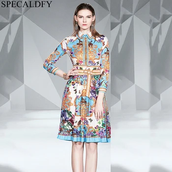 

Designer Runway Dress 2020 Women High Quality Fashion Vintage Pleated Dress Autumn Print Elegant Dresses Vestido De festa