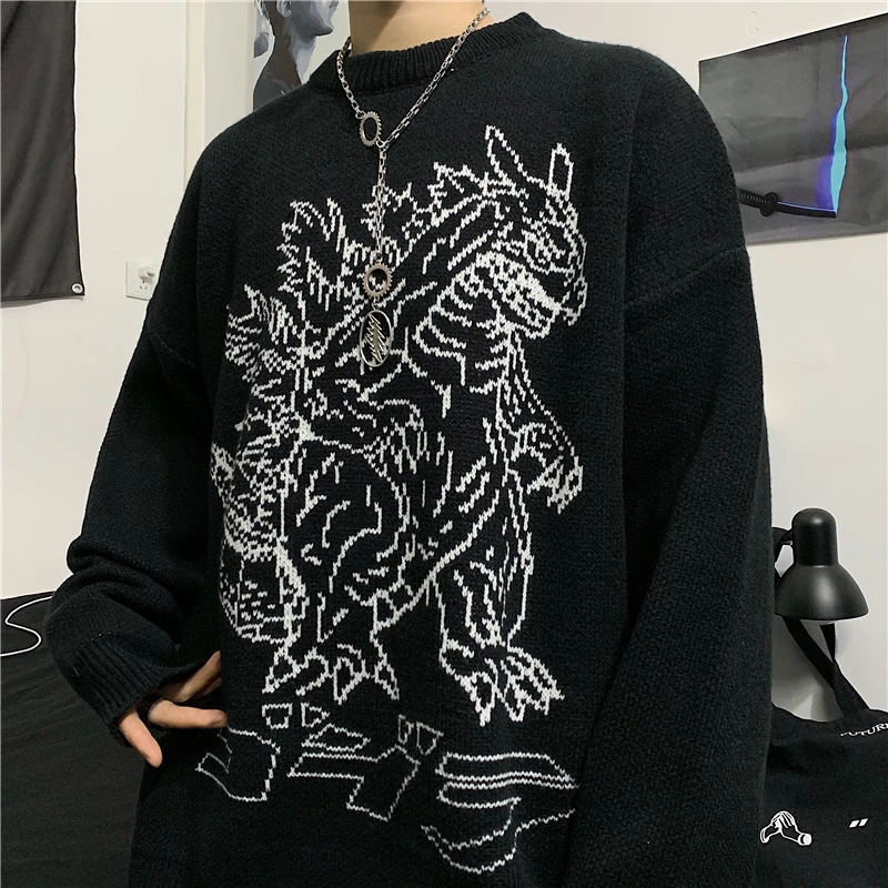 Cartoon Monster Sweater Retro Dinosaur Cotton Loose Round Neck Long Sleeve Knit Thick Harajuku Female | Женская одежда