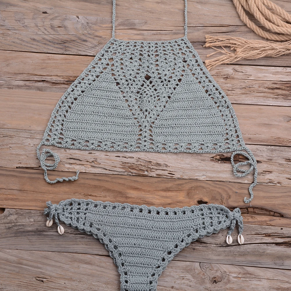 Women Sexy Micro Bikini Set G Thong String Lattice Hollow Bikinis Top Crochet Beach Swimwear Bathing Beachwear Set