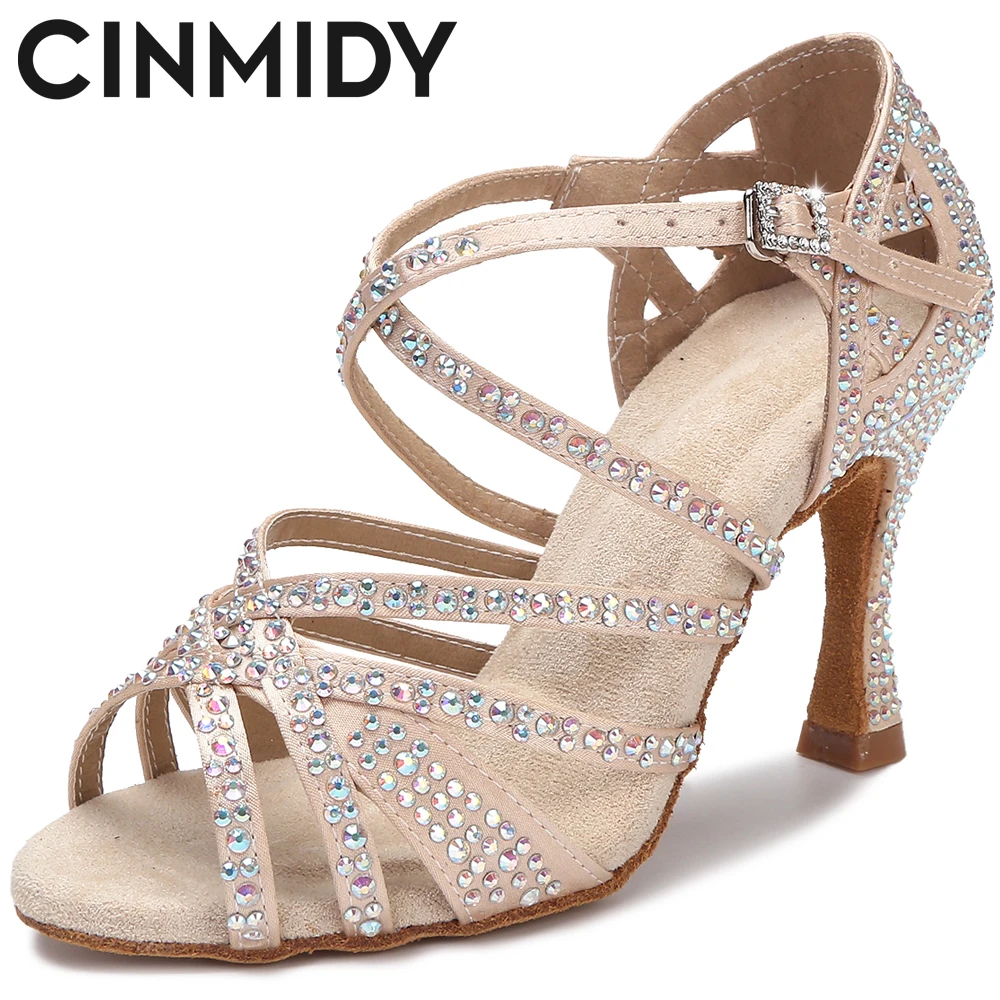 CINMIDY Women Latin Dance Shoes Rhinestones Soft Sole Salsa Shoes Ballroom Dance High Heels Ladies Sandals Women's Wedding Shoes