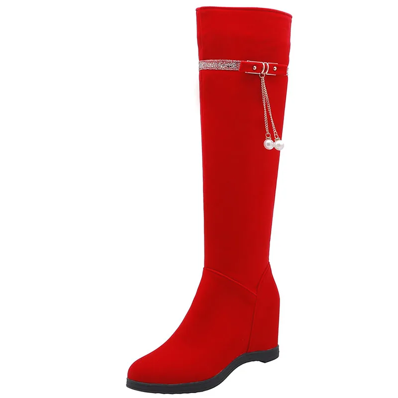 Пикантные модные зимние сапоги до колена; женская обувь на каблуке 6 см; большие размеры 33-43; однотонные Сапоги на молнии; цвет красный, черный; обувь, увеличивающая рост - Цвет: red