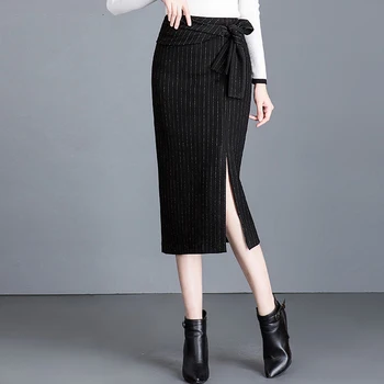 

Winter Fall Fashion Office Lady Womens Striped Bow Placket Black Skirt , High Waisted 4xl Slim Korean Pencil Skirts for Women
